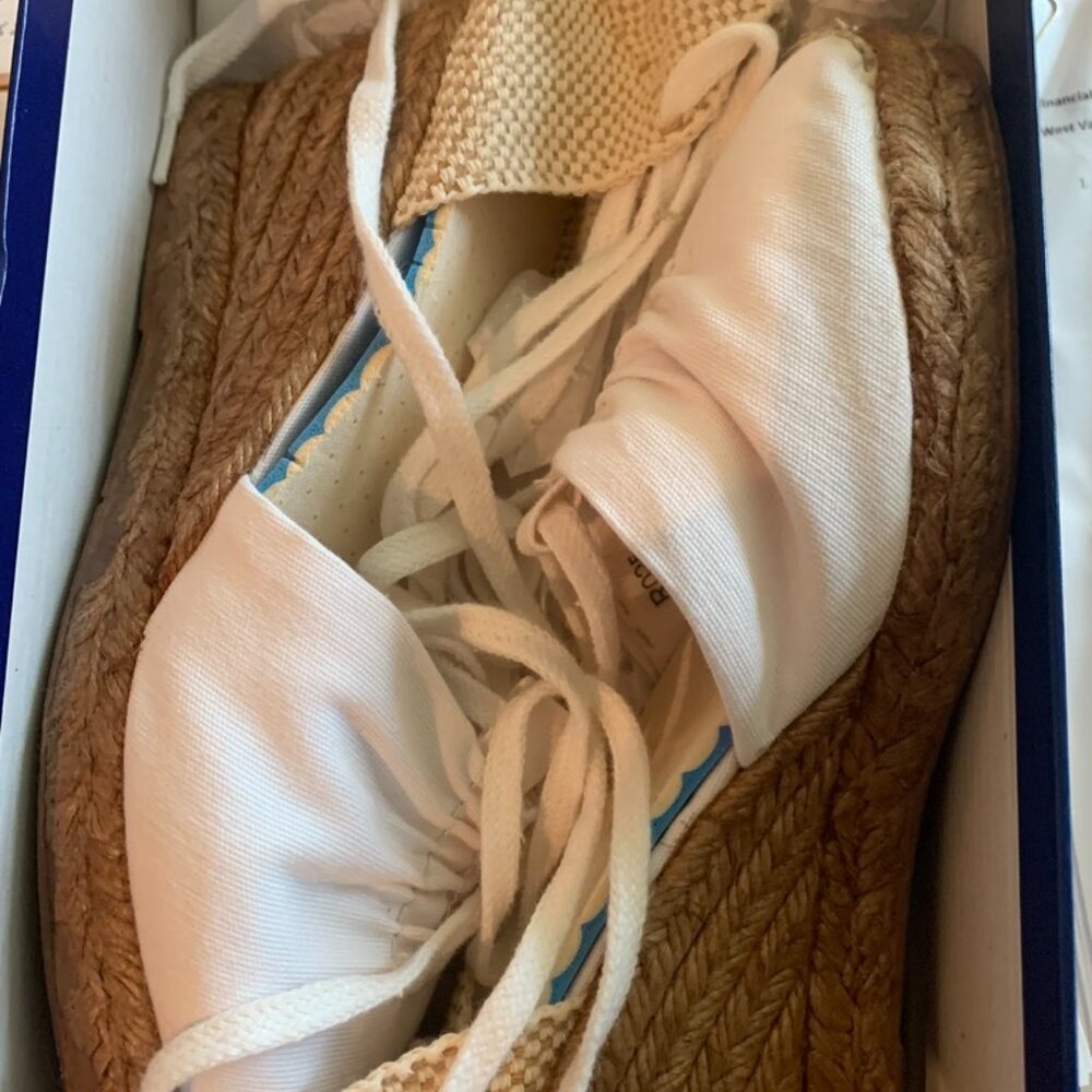 White Canvas Wedge Shoes With Ankle Ties Size 8